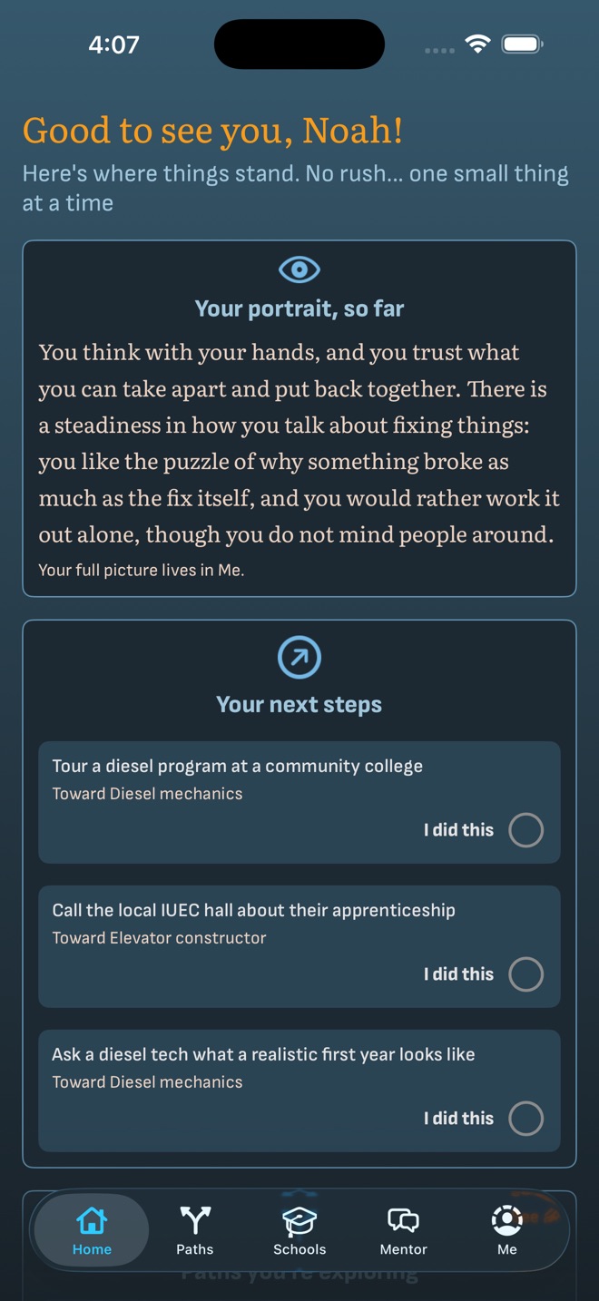 The Foundry app's Home screen: what moved since last time, the student's Portrait so far, and their next steps.