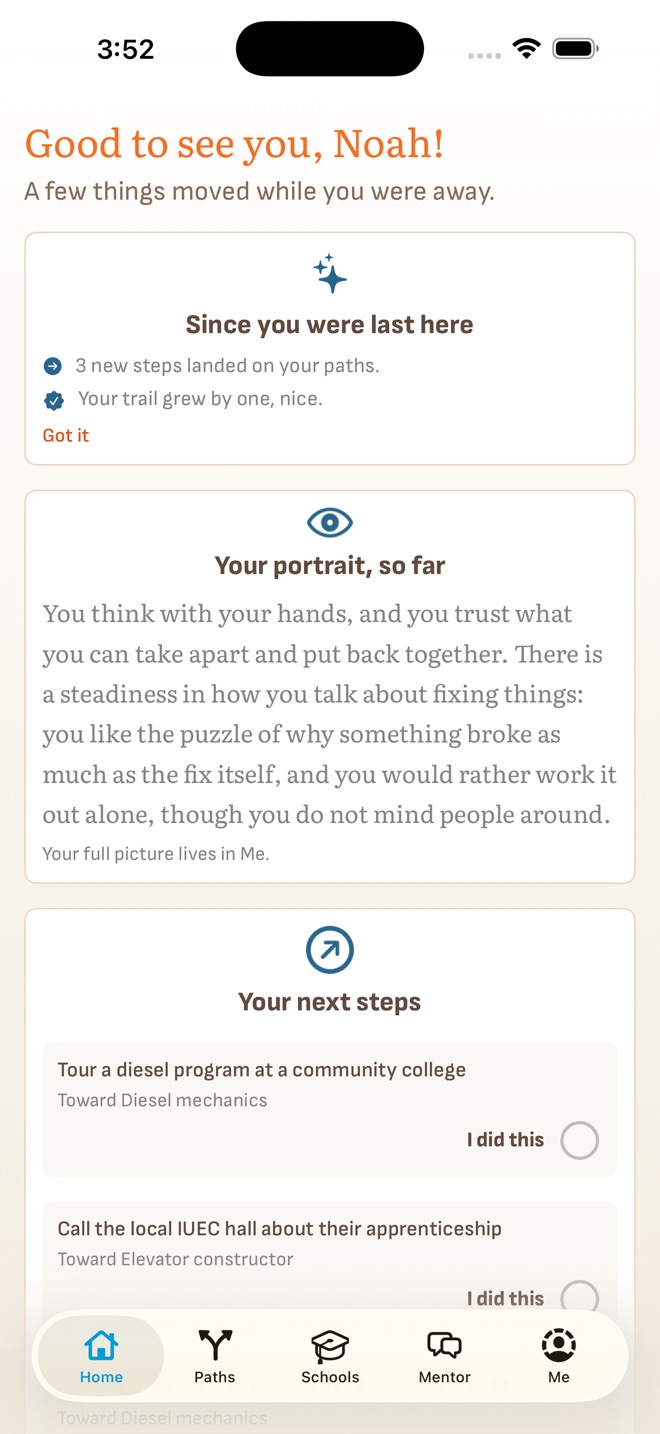 The Foundry app's Home screen: what moved since last time, the student's Portrait so far, and their next steps.