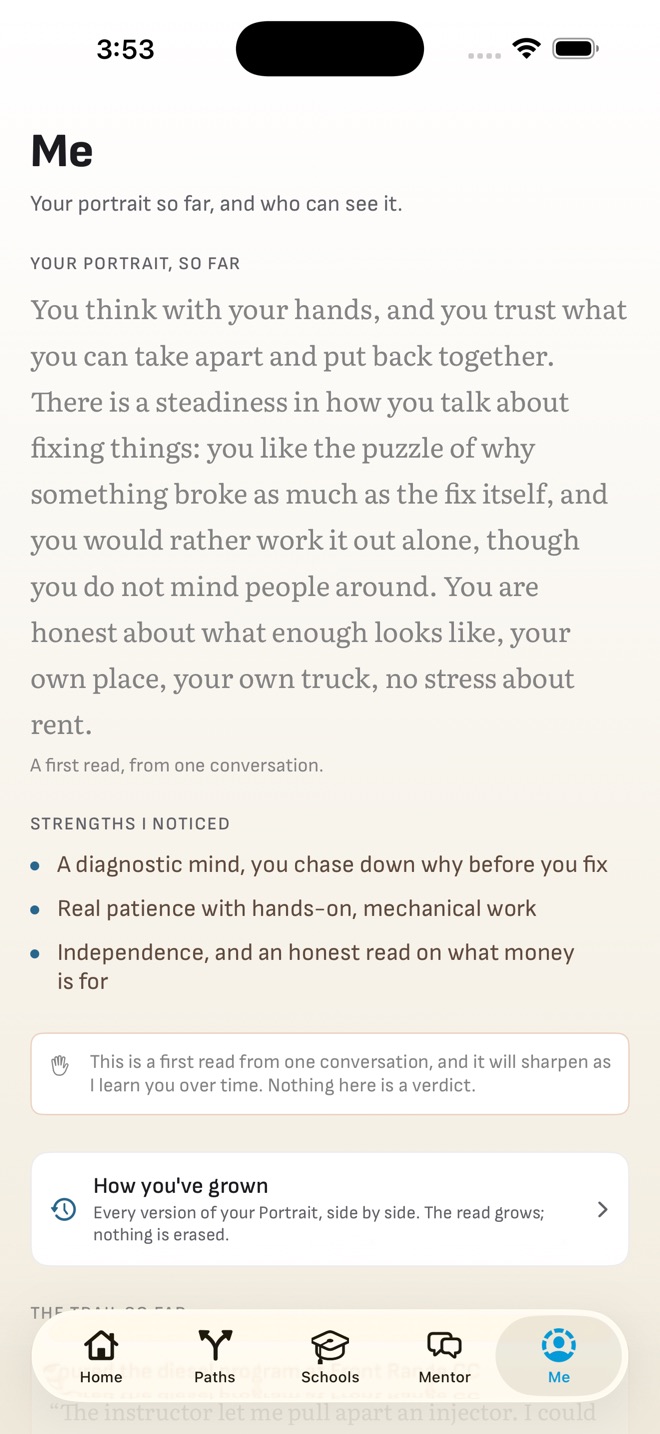 The Foundry app showing a student's Portrait: a written reflection of who they are and the strengths Foundry noticed.